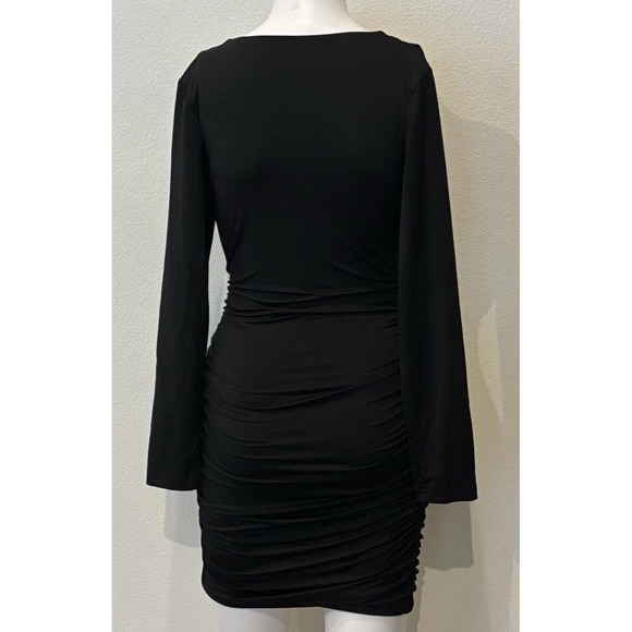 Black Bodycon Ruched Mini Dress Sz S Long Sleeve Deep V-Neck Stretch Cocktail - Picture 2 of 8